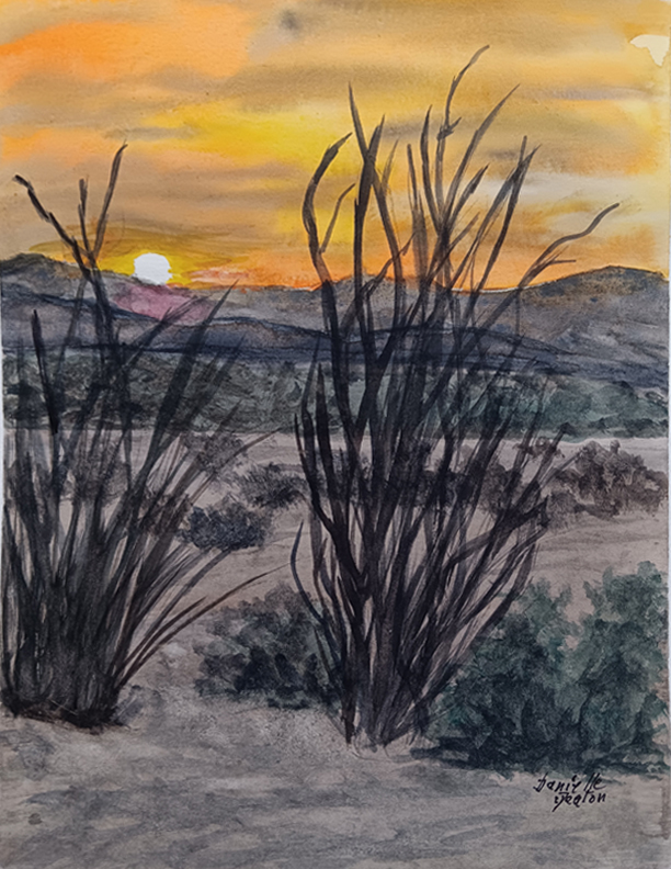 Painting from Danielle Deaton representing OCOTILLO at sunrise - Format 8x11 -Artist at Spanish Village San Diego